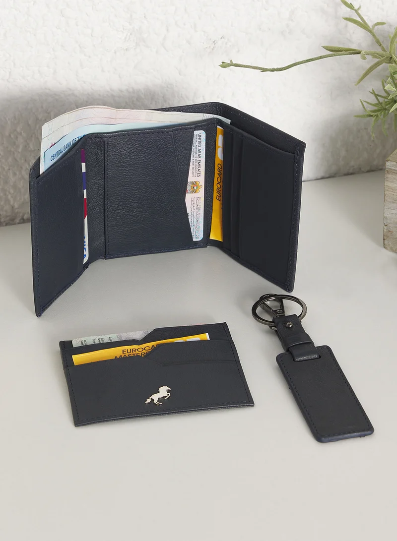 Robert Wood Genuine Leather Tri Fold Wallet, Card Holder And Key Ring Gift Set